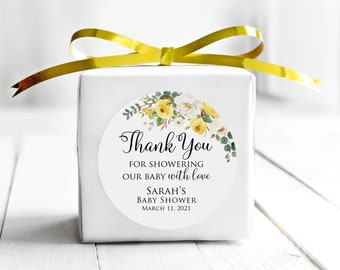 Yellow Baby Shower Thank You Tags, Favor Tags, 2 inch Round Labels, Floral Baby Shower Labels, Personalized, Digital File, W1134-2