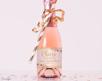 Etichette per bottiglie di champagne in miniatura, etichette per bottiglie di champagne per addio al nubilato, fiori rosa, etichette per champagne in miniatura in stile bohémien, file digitale, W02