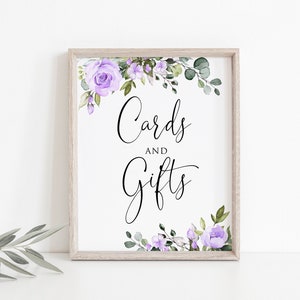 Cartões florais roxos e sinal de presentes, cartões botânicos e sinais de presentes, sinal de mesa de presente roxo claro, cartões florais e sinal de presentes, W1464