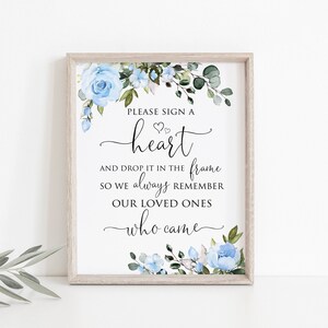 Please Sign A Heart Sign, Heart Drop Guest Book Sign, Sign a Heart and Drop it into the Frame Sign, Blue Wedding Sign, W1411