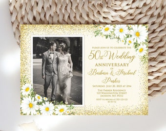 50th Anniversary Invitation, Daisy Wedding Anniversary Invitation, Photo Wedding Anniversary Invitation, Invitation with Photo, W923-2