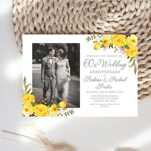 Yellow Roses 60th Anniversary Invitation, Silver Anniversary Invitation, Photo Wedding Anniversary Invitation, Invitation with Photo W1195-2