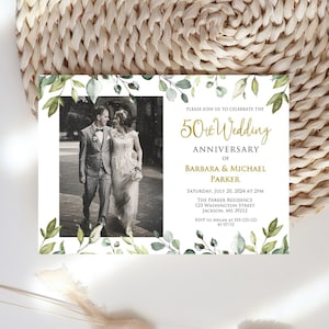 50th Anniversary Invitation, Greenery Wedding Anniversary Invitation, Photo Wedding Anniversary Invitation, Invitation with Photo, W1128-2