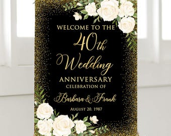 Printed or Digital Black White Gold 40th Anniversary Welcome Sign, W535