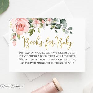 Carte de voeux pour baby shower floral rose poudré, hors-texte livres pour bébé, demande de livre pour shower de bébé garçon, fichier numérique, W1267
