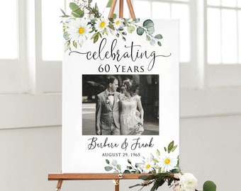 60th Anniversary Sign, Daisy Anniversary Welcome Sign, Photo Anniversary Welcome sign, 60th Wedding, Digital File, W1551-6