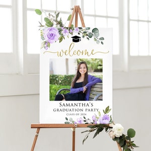 May include: A welcome sign for a graduation party with a purple floral design, a photo of a graduate, and the text "Samantha's Graduation Party Class of 2024".