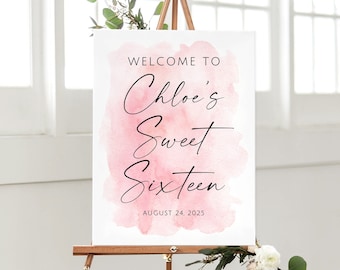 Sweet Sixteen Welcome Sign, Pink Watercolor Birthday Welcome Sign, Pink Birthday Sign, Welcome to Sweet 16 Birthday, Digital file, W102