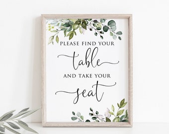 Find Your Table and Take Your Seat Sign, Greenery Wedding Seating Sign, Find Your Table Sign, Botanical Seating Sign, W1124