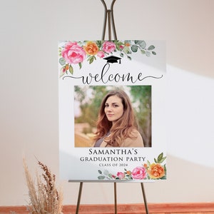 Hot Pink Orange Graduation Welcome Sign, Photo Graduation Party Welcome Sign, Grad Party Sign, Graduation Decor, Digital file, W215-3