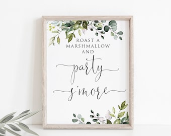Roast A Marshmallow and Party S'more Sign, S'more Station Sign, Greenery S'more Wedding Sign, Smore Bar, Printable Wedding Sign, W1124-1