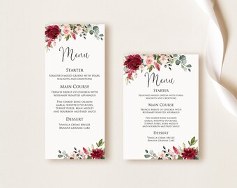 Burgundy Pink Menu Card, Modern Menu Printable, Floral Burgundy Menu, Pink Red Wedding Menu, Digital file,  W1478