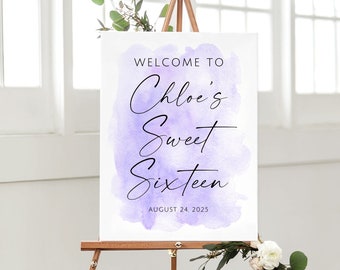 Sweet Sixteen Welcome Sign, Purple Watercolor Birthday Welcome Sign, Purple Birthday Sign, Lavender Sweet 16 Birthday, Digital file, W105