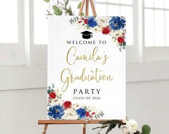 May include: Welcome to Camila's Graduation Party, Class of 2024 sign with a blue, red, and white floral design.