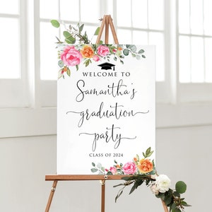 Orange Pink Graduation Welcome Sign, Hot Pink and Orange Graduation Party Welcome Sign, Floral Grad Party Decor, Digital File, W215-1