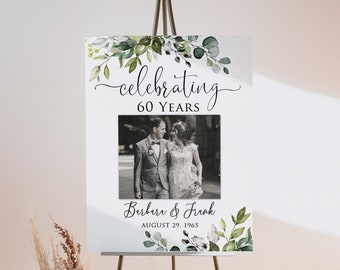 60th Anniversary Welcome Sign, Celebrating 60 Years, Photo Anniversary Welcome, Greenery Anniversary Sign, 60th Wedding, Digital File W1124R
