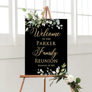 Black and Gold Family Reunion Welcome Sign, Greenery Reunion Welcome Sign, Reunion Poster, Family Picnic, Digital file, W278-1