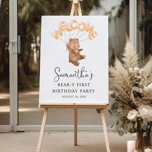 Bear Birthday Welcome Sign, First Birthday Welcome Sign, Beary First Birthday Welcome Sign, Bear Welcome Sign, Balloons, Difital File, W1624