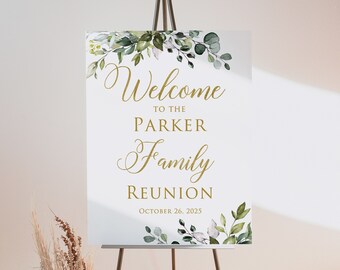 Panneau de bienvenue pour réunion de famille, panneau de bienvenue doré et vert, affiche de réunion botanique, rassemblement familial, fichier numérique personnalisé, W257-1
