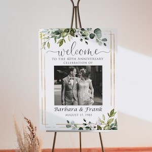 40th Wedding Anniversary Welcome Sign, Photo Anniversary Welcome sign, Geometric Welcome Sign, Greenery Anniversary, Digital File, W1588-3