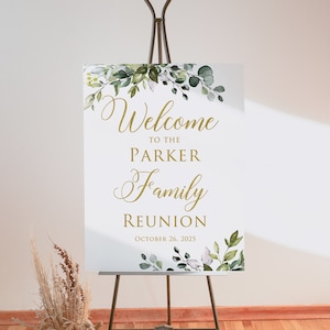 Family Reunion Welcome Sign, Greenery Gold Welcome Sign, Botanical Reunion Poster, Family Gathering, Personalized Digital file, W257-1