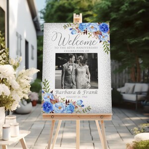 Photo Anniversary Welcome Sign, Blue and Silver Anniversary, 60th Wedding Anniversary Sign, 60th Anniversary Sign, Digital File, W552-2
