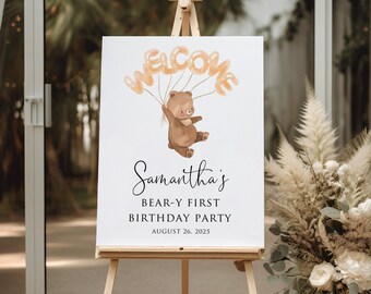 Bear Birthday Welcome Sign, First Birthday Welcome Sign, Beary First Birthday Welcome Sign, Bear Welcome Sign, Balloons, Difital File, W1624