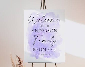 Willkommensschild für Familientreffen in Lila-Aquarell, modernes Willkommensschild, Willkommensposter für Familientreffen, personalisierte digitale Datei, W105-1