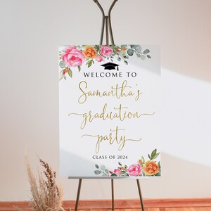 Hot Pink and Orange Graduation Party Welcome Sign, Orange Pink Graduation Welcome Sign, Floral Grad Party Decor, Digital File, W218-1