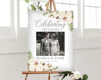 Celebrating 60 Years, Photo Anniversary Welcome sign, 60th Anniversary Welcome Sign, 60th Wedding Silver Anniversary Sign, W598-3