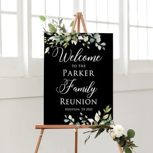 Greenery Black Family Reunion Welcome Sign, Greenery Welcome Sign, Green Black Reunion Poster Family Picnic Welcome Sign Digital file W273-1