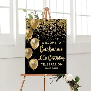 Letrero de bienvenida para cumpleaños número 100, letrero de bienvenida para cumpleaños en negro y dorado, letrero de cumpleaños con globos, póster para cumpleaños número 100, letrero imprimible W1544A