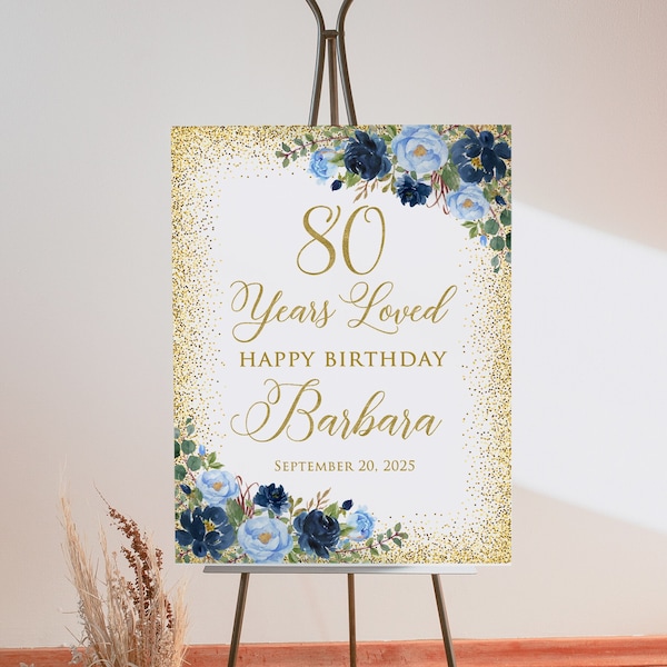 Blue and Gold Birthday Welcome Sign, Floral Blue Birthday Sign, 80th Birthday Welcome Sign, Digital file, W945