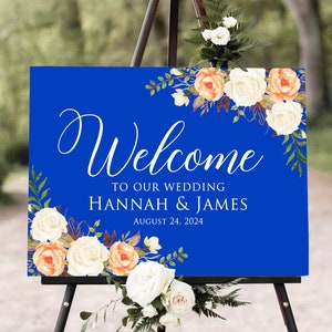 Royal Blue Wedding Welcome Sign, Blue Coral White Wedding Sign, Floral Welcome Sign, White and Coral Flowers, Digital file, W1251
