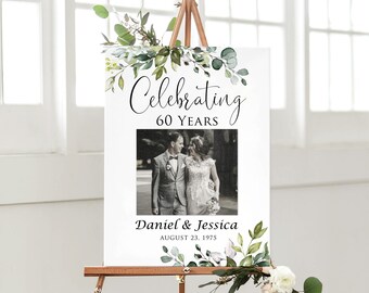 Celebrating 60 Years, 60th Anniversary Welcome Sign, Photo Anniversary Welcome, Greenery Anniversary Sign, 60th Wedding, Digital File W1124V