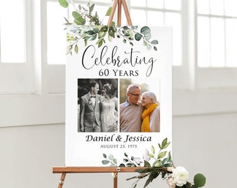 Celebrating 60 Years, 60th Anniversary Welcome Sign, Photo Anniversary Welcome, Greenery Anniversary Sign, 60th Wedding, Digital File W1124X