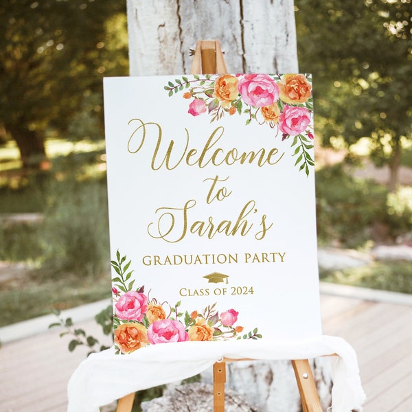 Hot Pink Orange Graduation Party Welcome Sign, Orange and Pink Graduation Welcome Sign, Floral Grad Party Decor, Digital File, W58-1