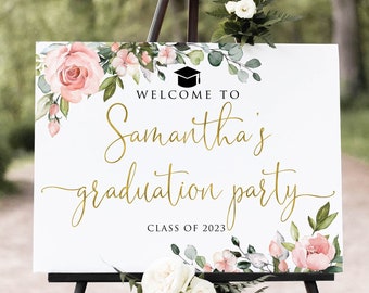 Blush Gold Graduation Party Welcome Sign, Floral Graduation Welcome Sign, Grad Party Sign, Graduation Decorations, Digital file, W1267-1