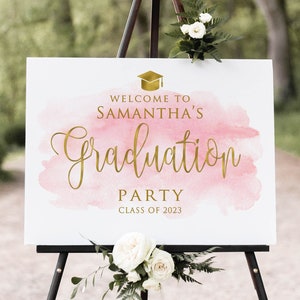 Pink and Gold Graduation Party Welcome Sign, Watercolor Graduation Welcome Sign, Grad Party Sign, Watercolor Welcome, Digital file, W897-1