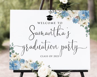 Blue Graduation Party Welcome Sign, Blue Graduation Welcome Sign, Grad Party Sign, Blue White Flowers, Digital file, W1531-2