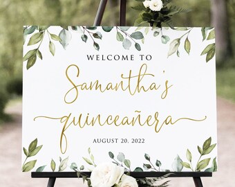 Greenery Quinceañera Welcome Sign, Botanical Quinceañera Sign, Modern Welcome Sign, Greenery Birthday Sign, Printable Sign, W1128