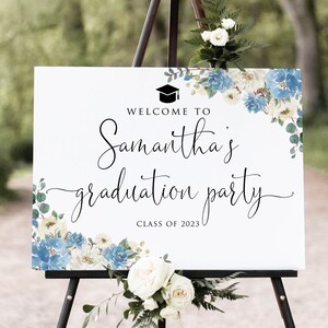 Blue Graduation Party Welcome Sign, Blue Graduation Welcome Sign, Grad Party Sign, Blue White Flowers, Digital file, W1531-2