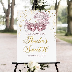 Masquerade Party Welcome Sign, Burgundy Gold, Sweet 16 Welcome Sign, Masquerade Birthday Welcome, Masquerade Ball, Mardi Gras Party,  W1456