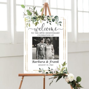 Photo Anniversary Welcome sign, 60th Wedding Anniversary Welcome Sign, Geometric Welcome Sign, Greenery Anniversary, Digital File, W1588-1