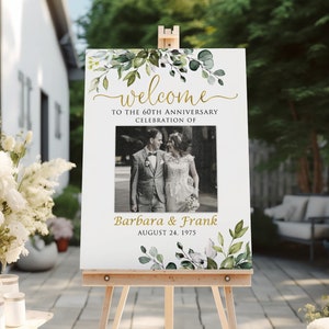 Greenery Photo Anniversary Welcome sign, 60th Anniversary Welcome Sign, 60th Anniversary Decoration, Gold Anniversary, Digital File, W1128-8