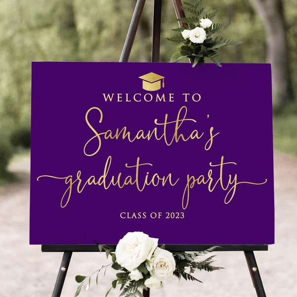 Purple Graduation Party Welcome Sign, Purple Gold Graduation Welcome Sign, Gold Grad Party Sign, Digital file, W1582