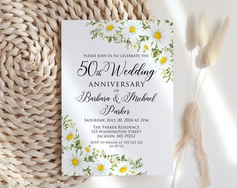 May include: A white invitation card with a floral design featuring white daisies and green leaves. The text on the card reads "Please join us to celebrate the 50th Wedding Anniversary of Barbara & Michael Parker. Saturday, July 20, 2024 at 2 PM. The Parker Residence, 123 Washington Street, Jackson, MS 39212. RSVP to Megan at 555-123-123 by 07/12."