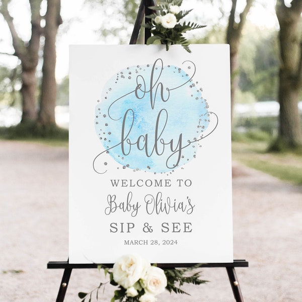 Sip & See Welcome Sign, Oh Baby Welcome Sign, Sip and See Baby Shower Welcome Sign, Blue Silver Baby Shower Sign, Digital file, BS050-5