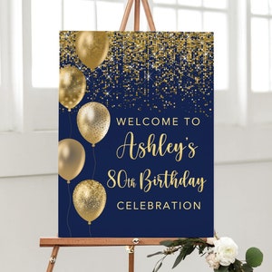 Navy Birthday Welcome Sign, 80th Birthday Signage, Gold Balloons Birthday Sign, Digital File, W15-1