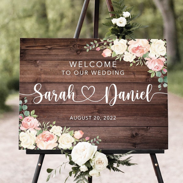 Rustic Wedding Welcome Sign, Blush Wedding Welcome Sign, Blush and White Flowers, Heart Wedding Welcome Sign, Digital File, W1255